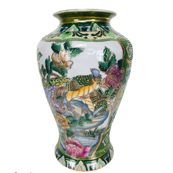 Vintage Early1900s Chinese Hand Painted Moriage Floral Peacock Vase Numbered - Picture 3 of 10